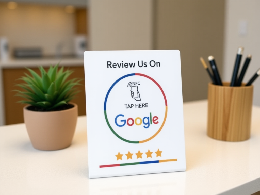 NFC review card stand displayed on clean salon reception desk for collecting customer feedback