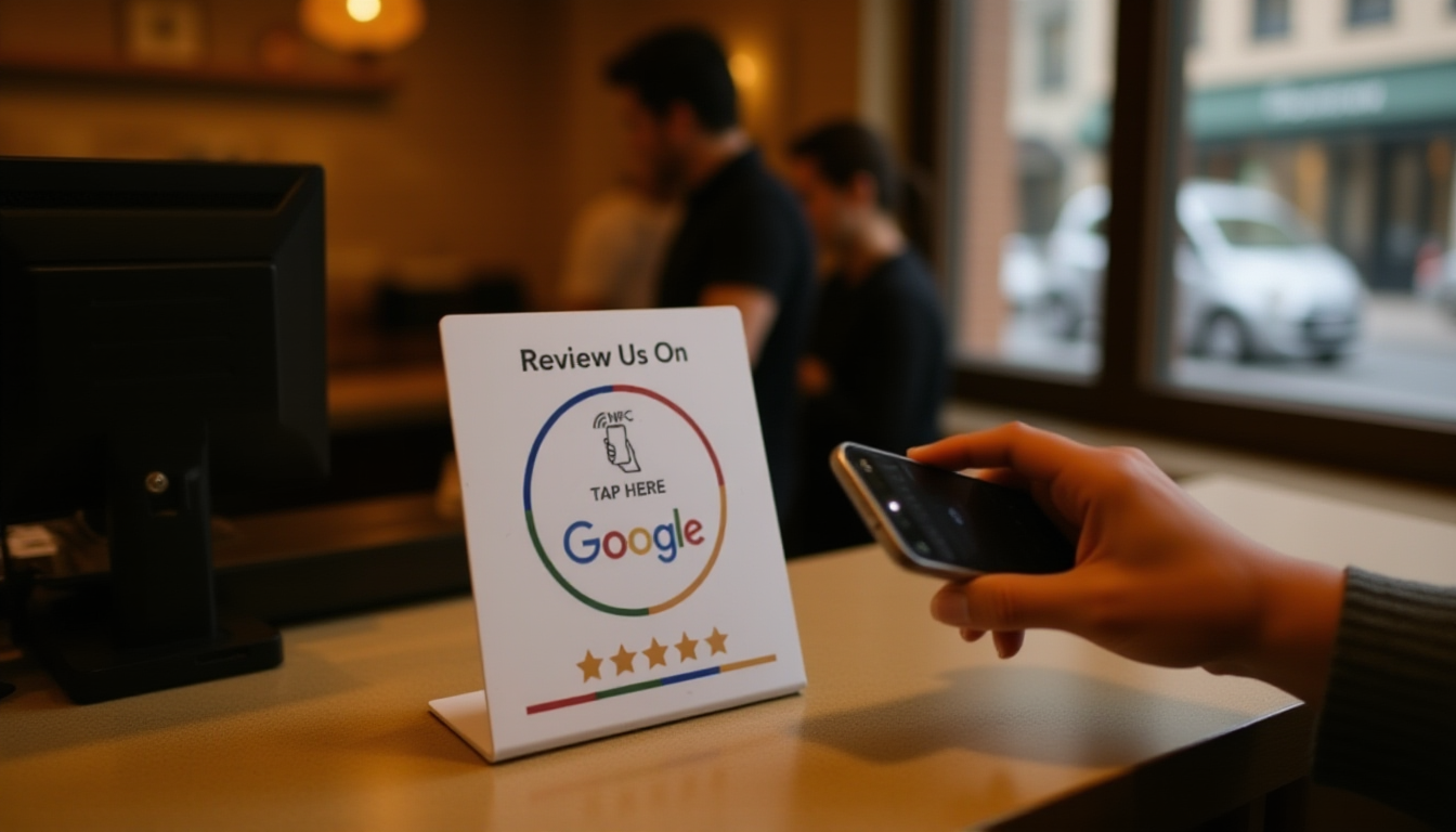 Customer tapping smartphone above NFC review card on coffee shop counter to leave feedback