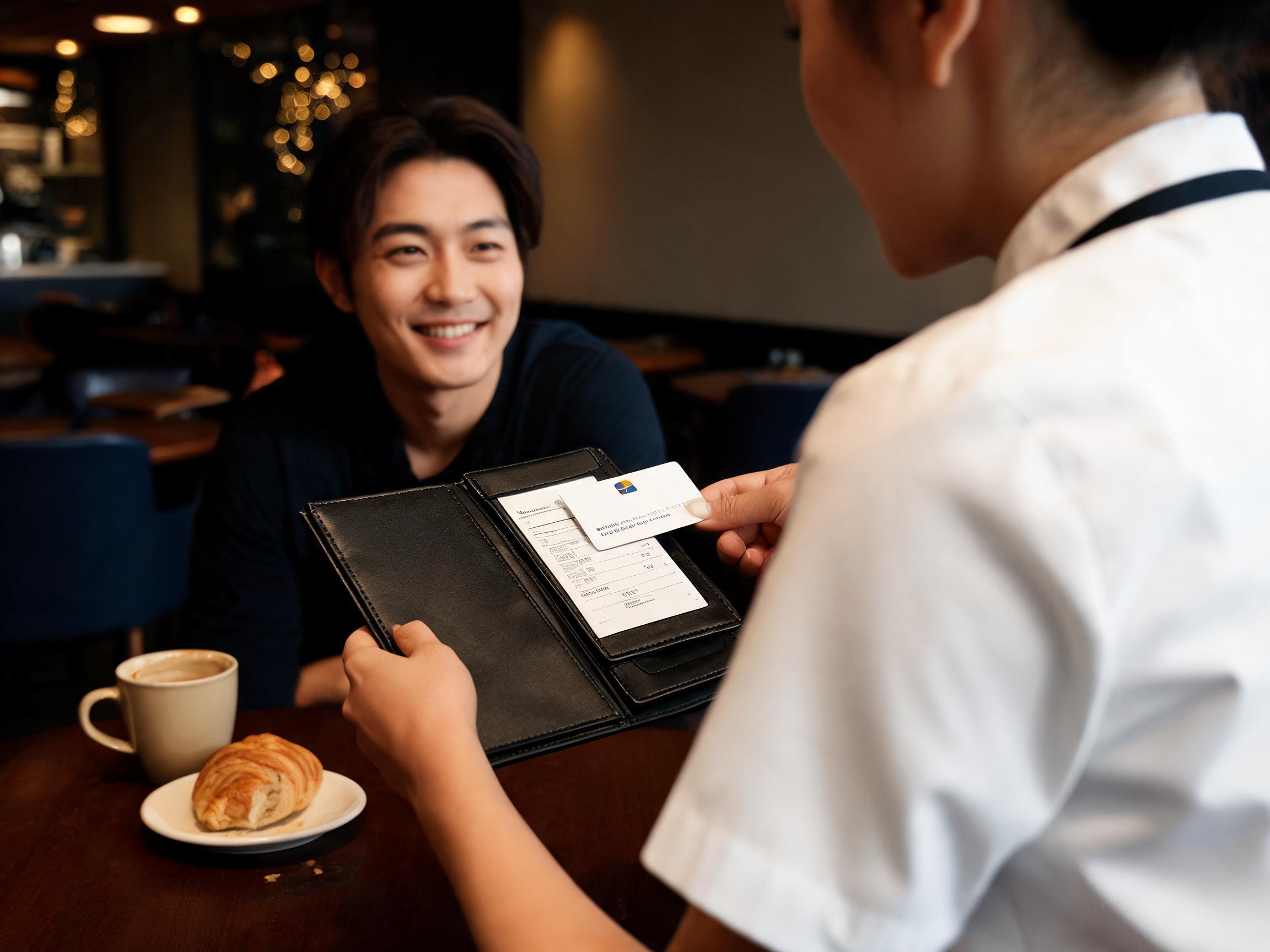 Server presenting NFC review card to customer at restaurant table during checkout