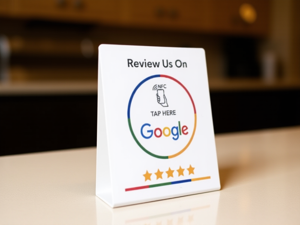 NFC review card stand displayed on coffee shop counter for collecting Google reviews