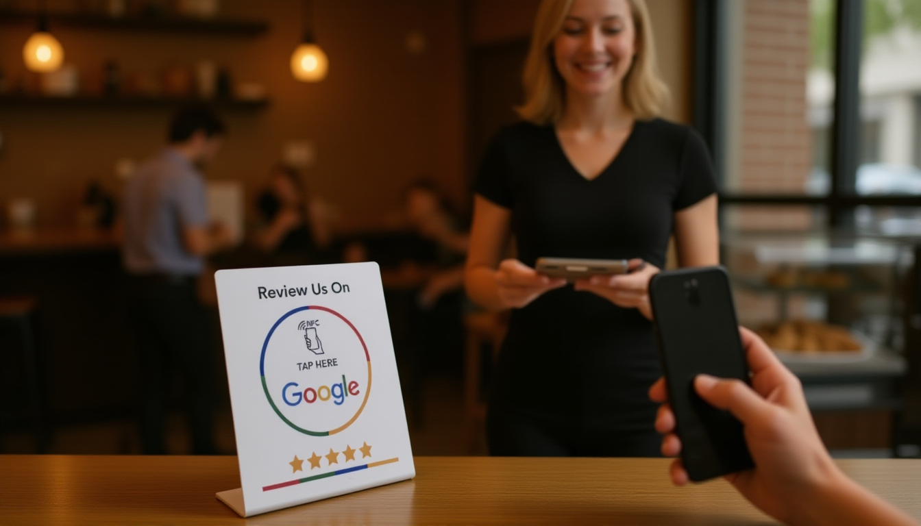 Customer tapping phone above Google review card on cafe counter to leave feedback