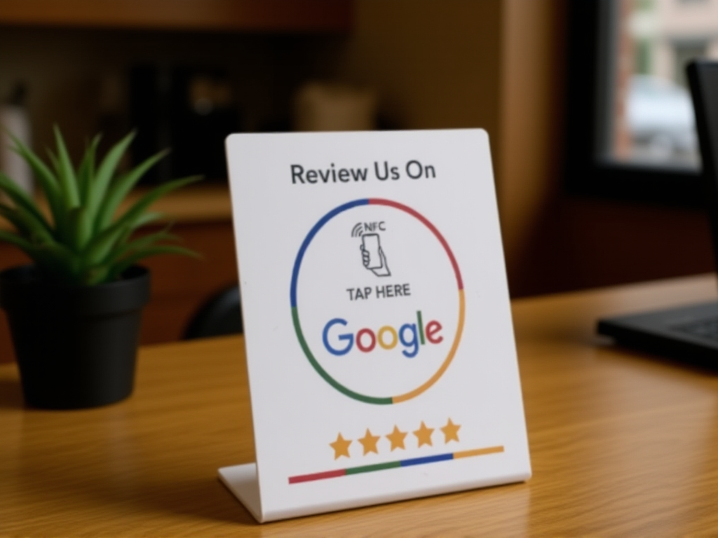 NFC Google review card displayed on cafe counter as part of customer checkout experience