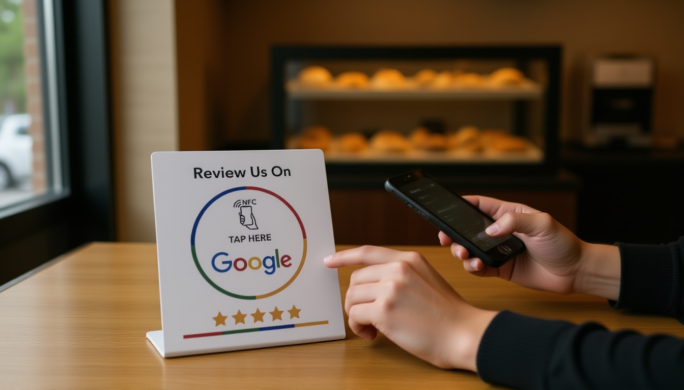Customer tapping phone above NFC Google review card on coffee shop counter to leave business review