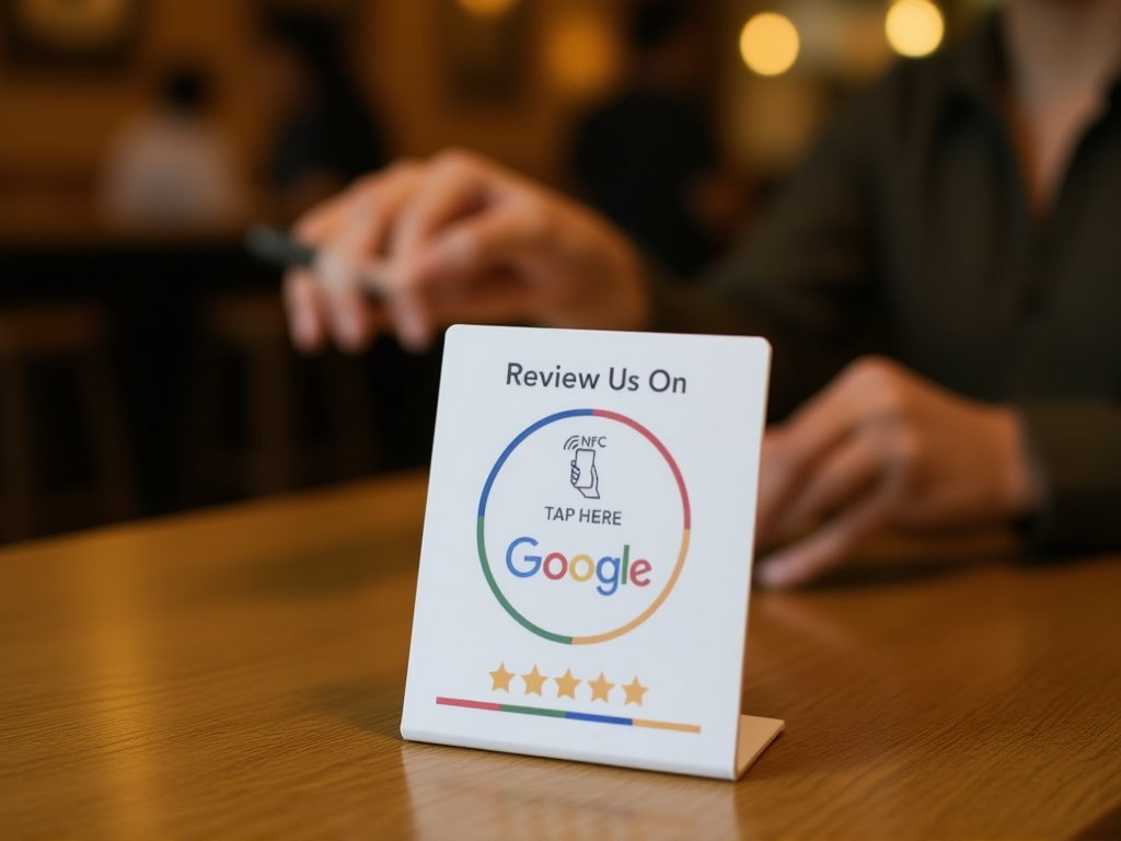 Close-up of NFC Google review card stand on counter with customer phone hovering above to tap