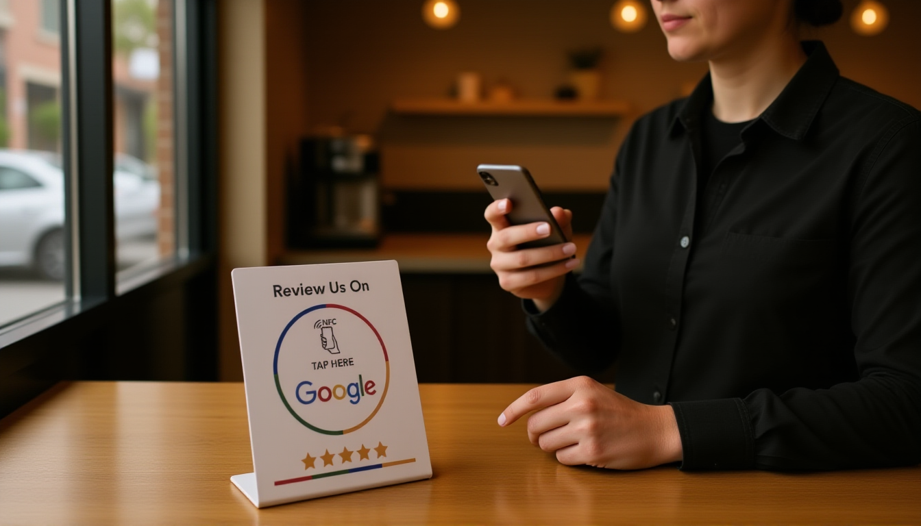 Customer tapping phone above NFC review card on coffee shop counter for Google review