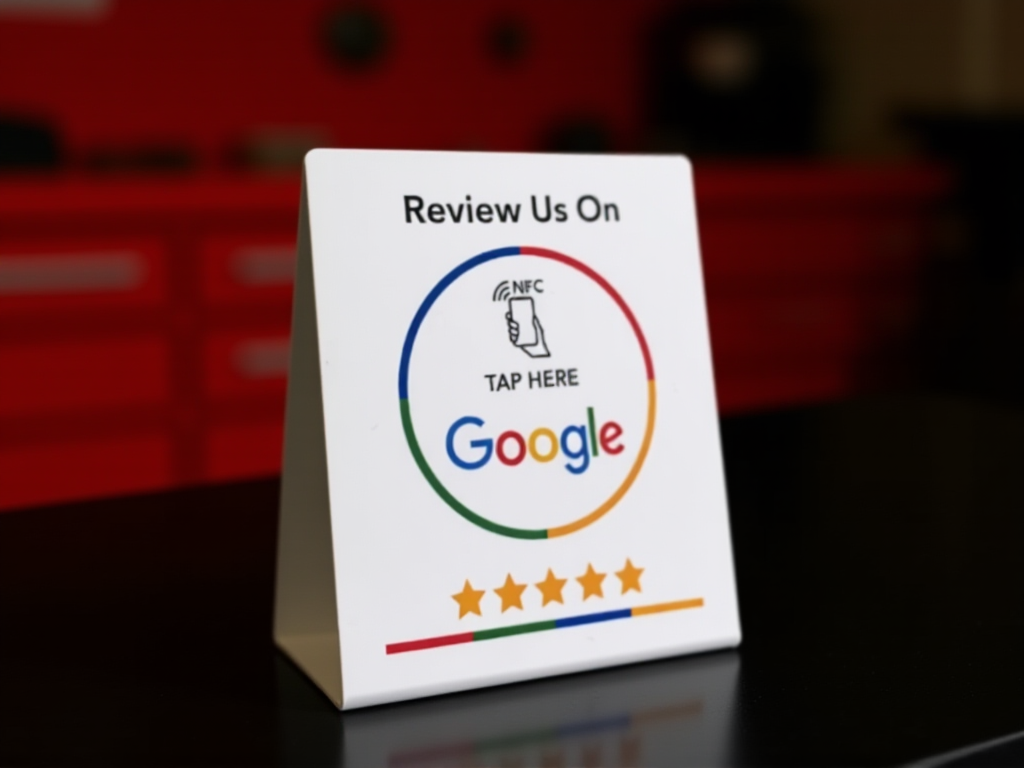 Google review NFC card displayed on auto repair shop counter for easy customer feedback collection