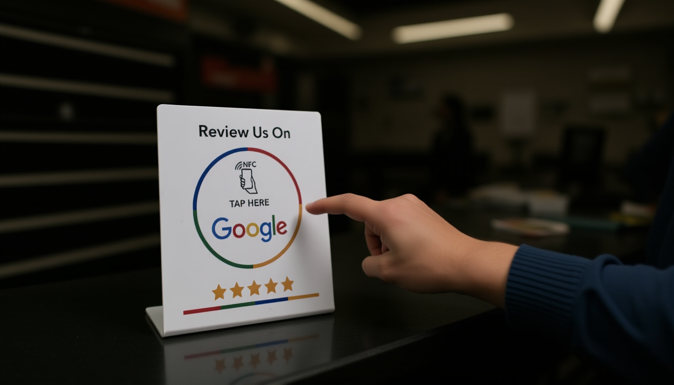 Customer tapping phone above NFC review card on auto repair shop service counter to leave Google review