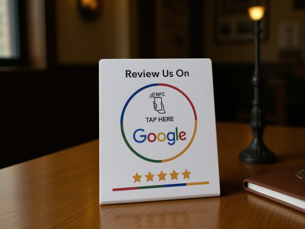 NFC Google review card displayed on barbershop reception desk next to barber tools