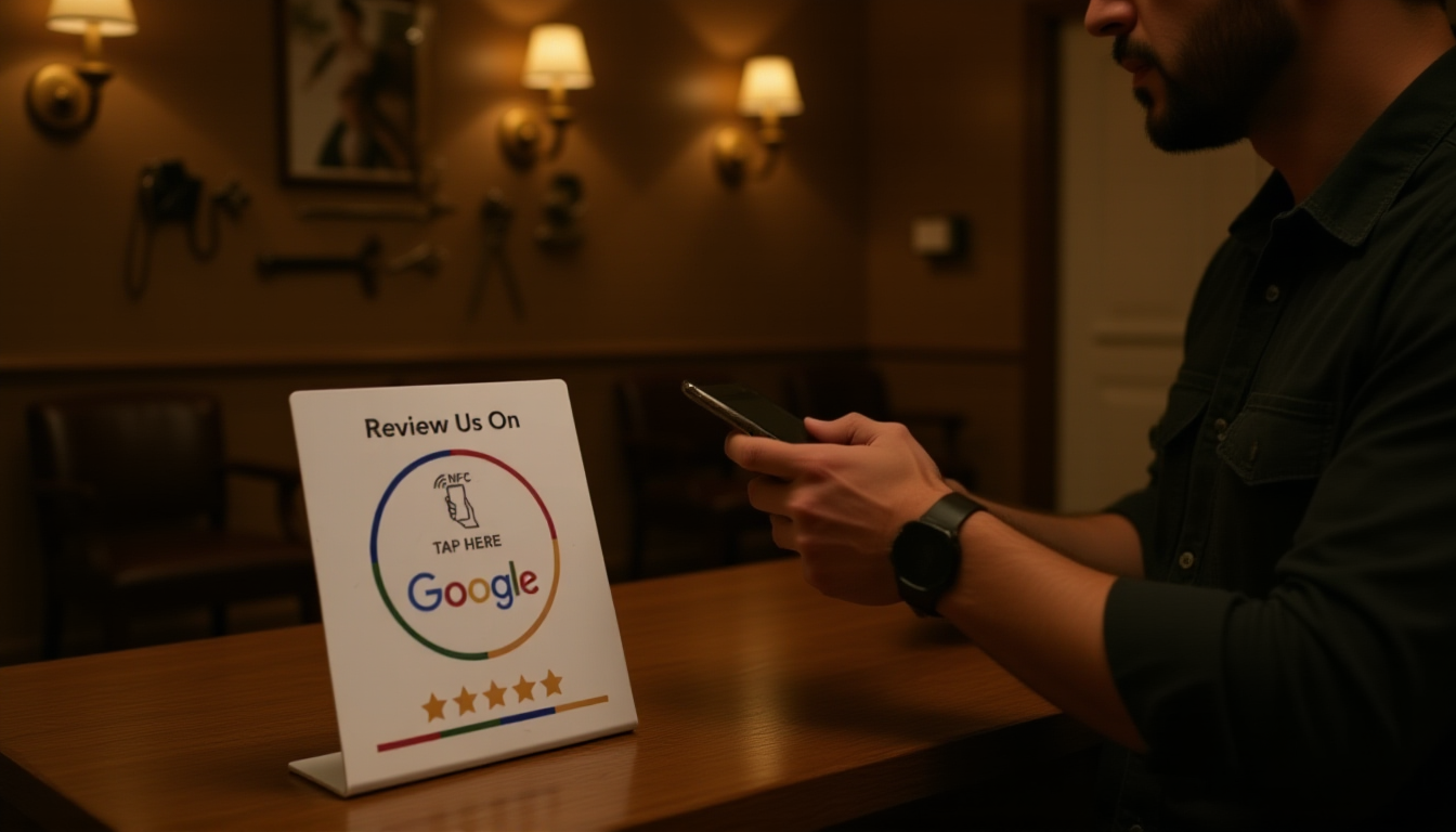 Customer tapping phone above NFC review card on barbershop counter to leave Google review