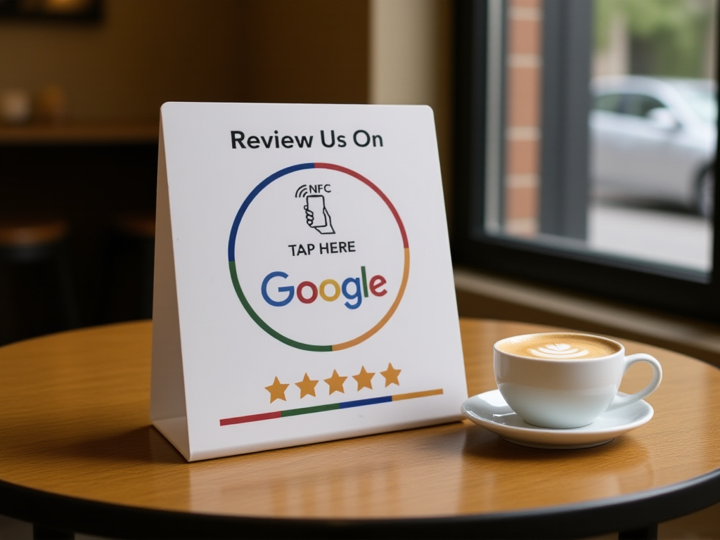 NFC Google review card displayed on cafe table next to cappuccino cup