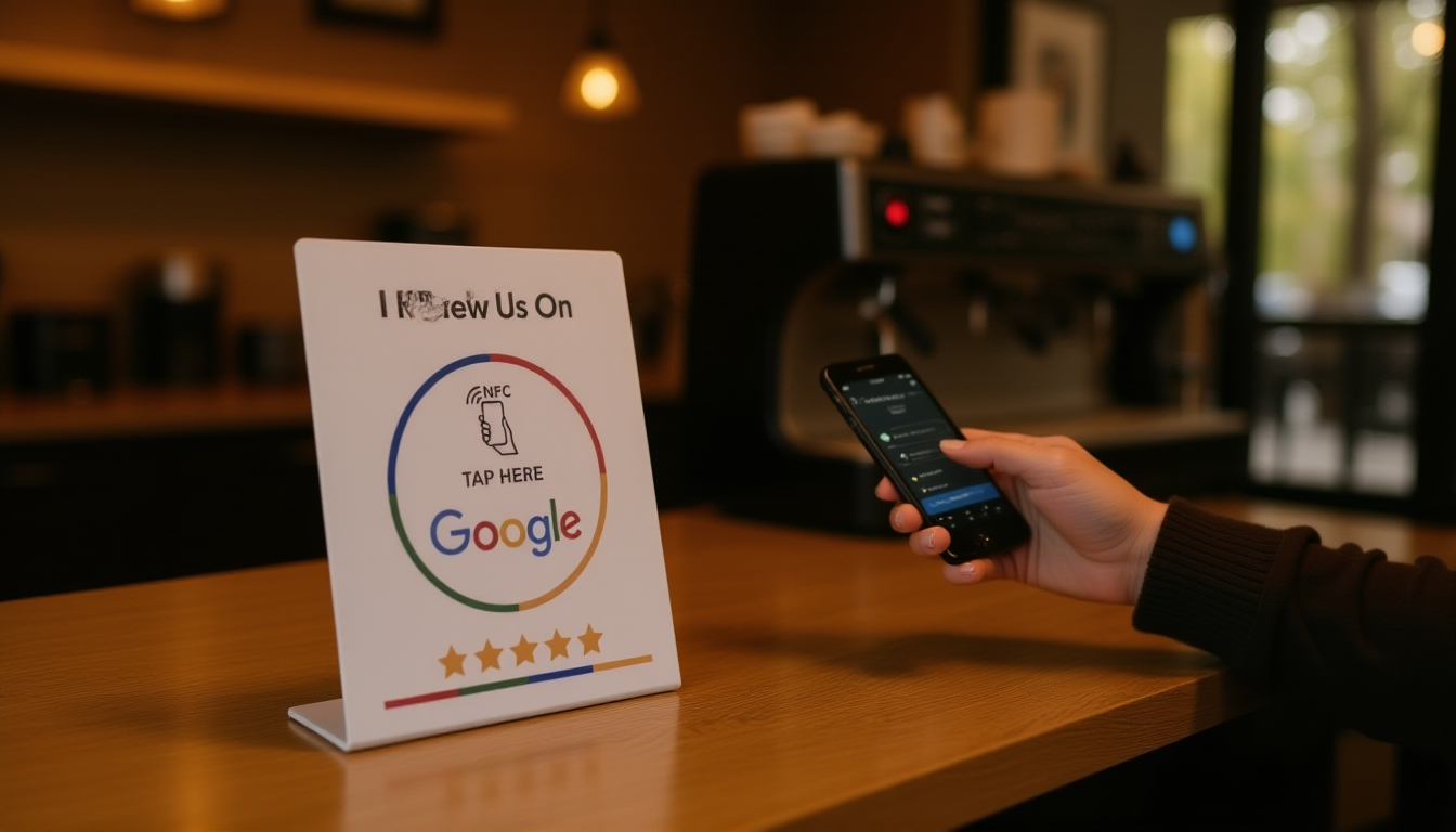 Customer tapping phone above NFC review card on cafe counter to leave Google review