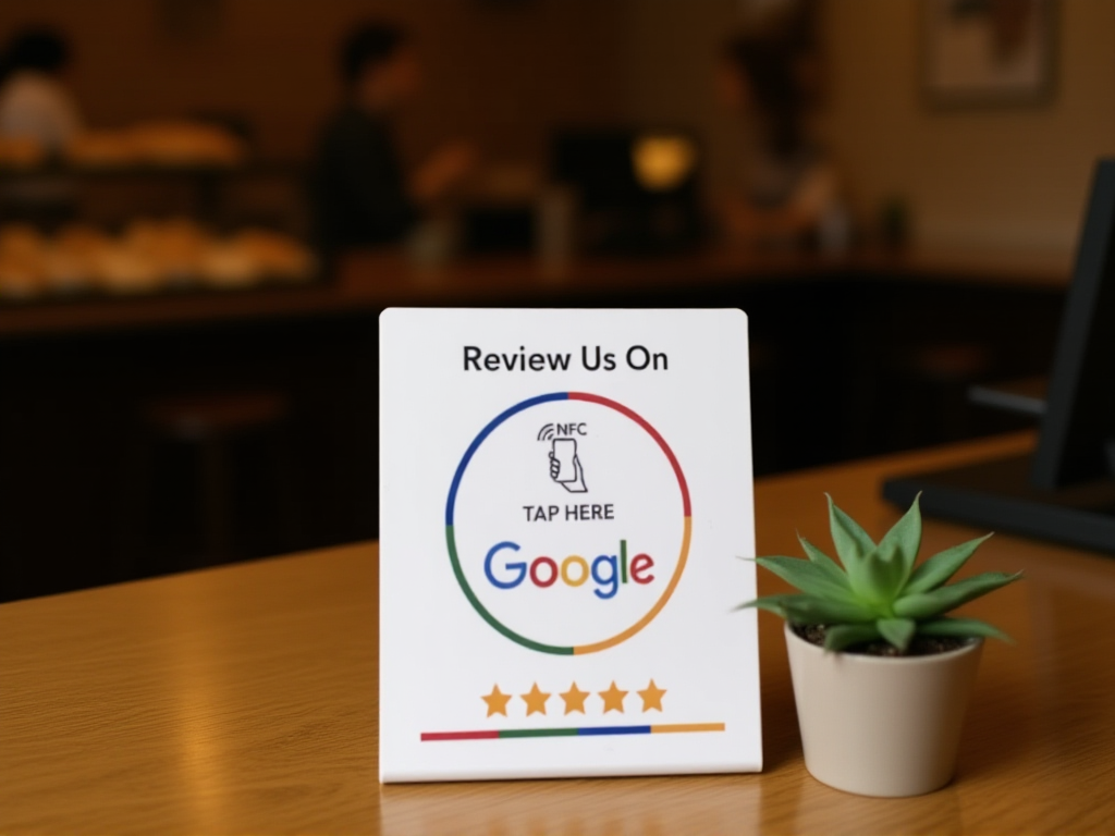 NFC Google review card displayed on cafe counter next to plant and register