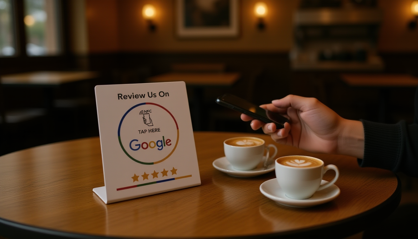 Customer tapping phone above NFC Google review card on cafe table next to coffee cup