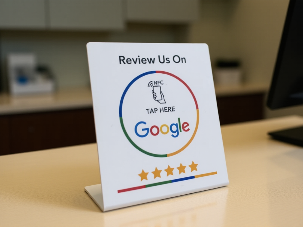 NFC Google review card stand positioned at dental practice checkout counter for easy patient access