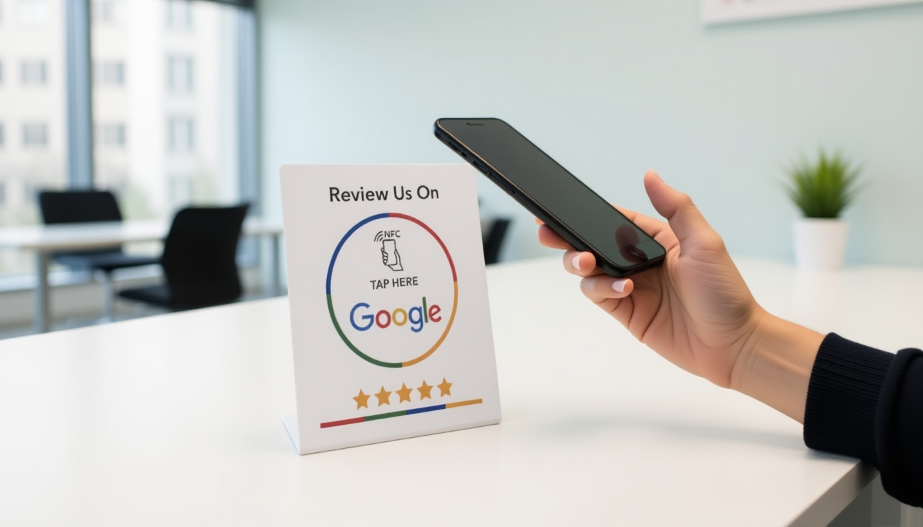 Patient tapping phone above NFC review card at dental office reception desk to leave Google review