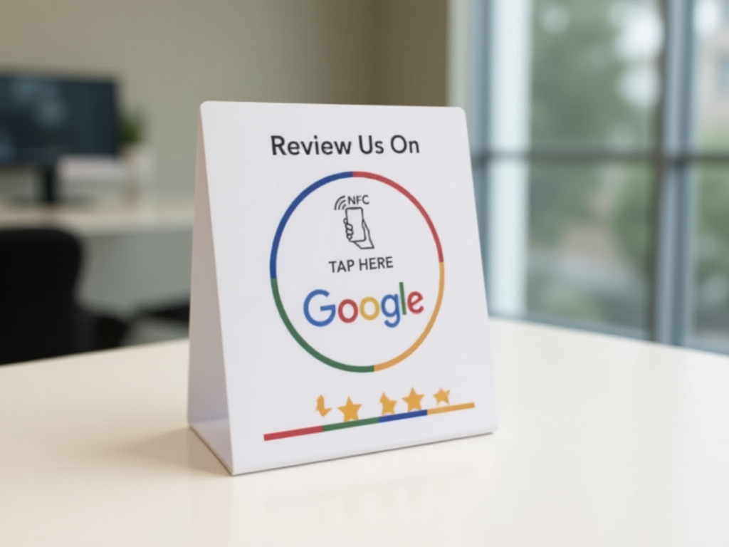 NFC Google review card stand displayed on dental office counter for easy patient feedback
