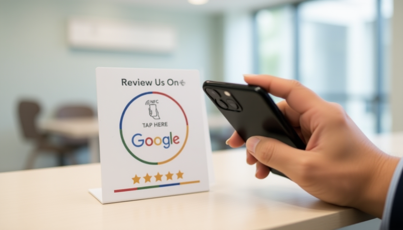 Patient tapping phone above NFC review card at dental office reception desk to leave Google review