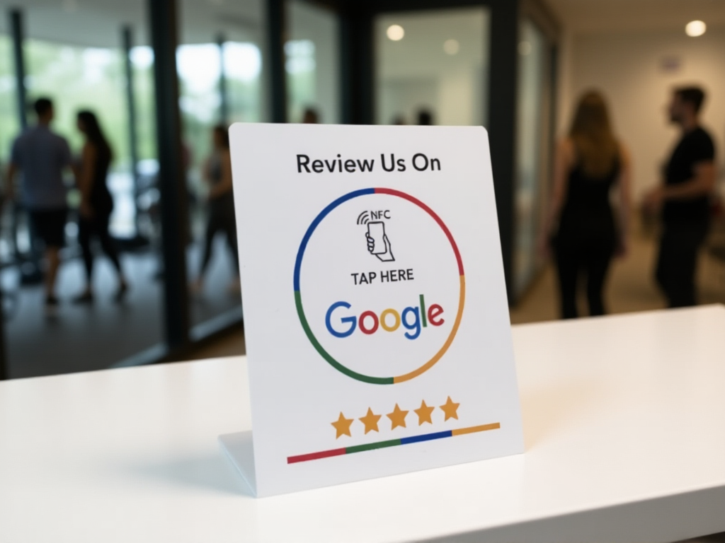 NFC Google review card stand displayed on gym reception counter for easy member feedback collection