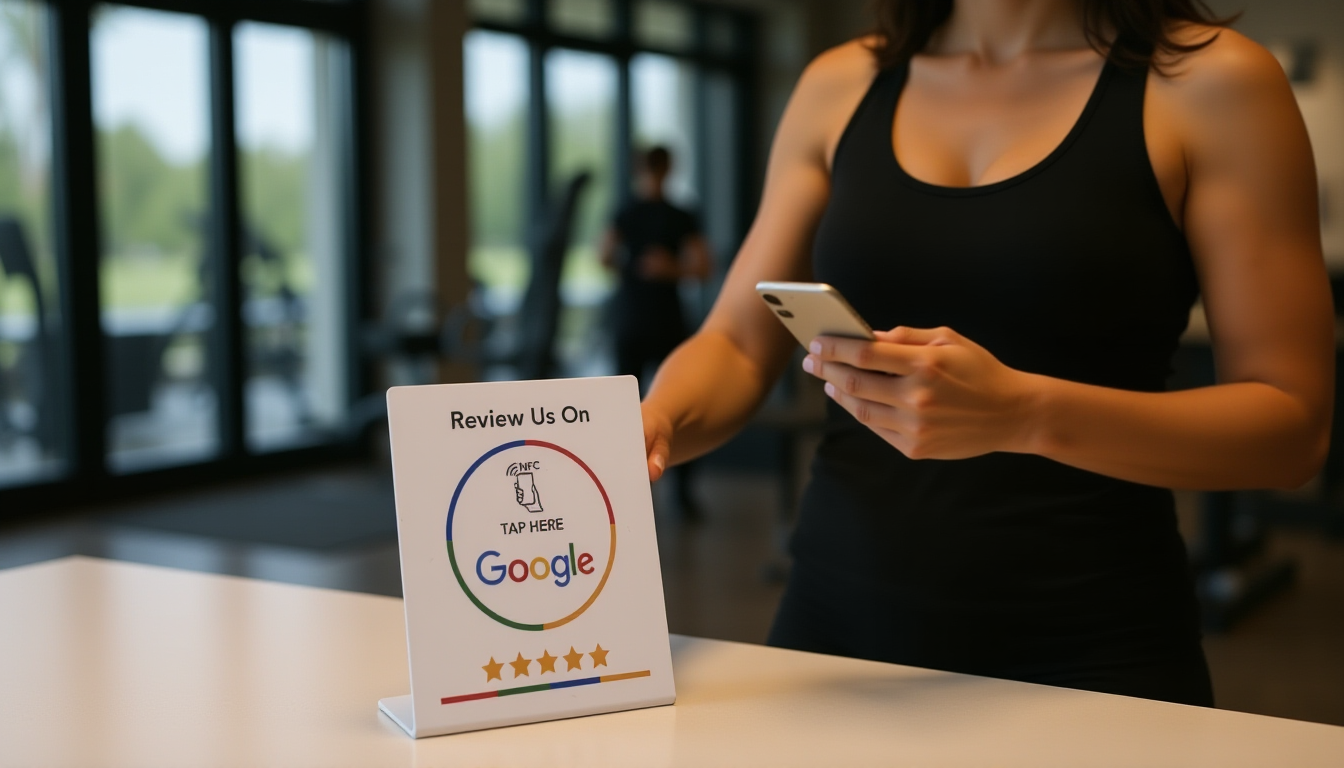 Gym member tapping phone above NFC review card on fitness center reception desk to leave Google review