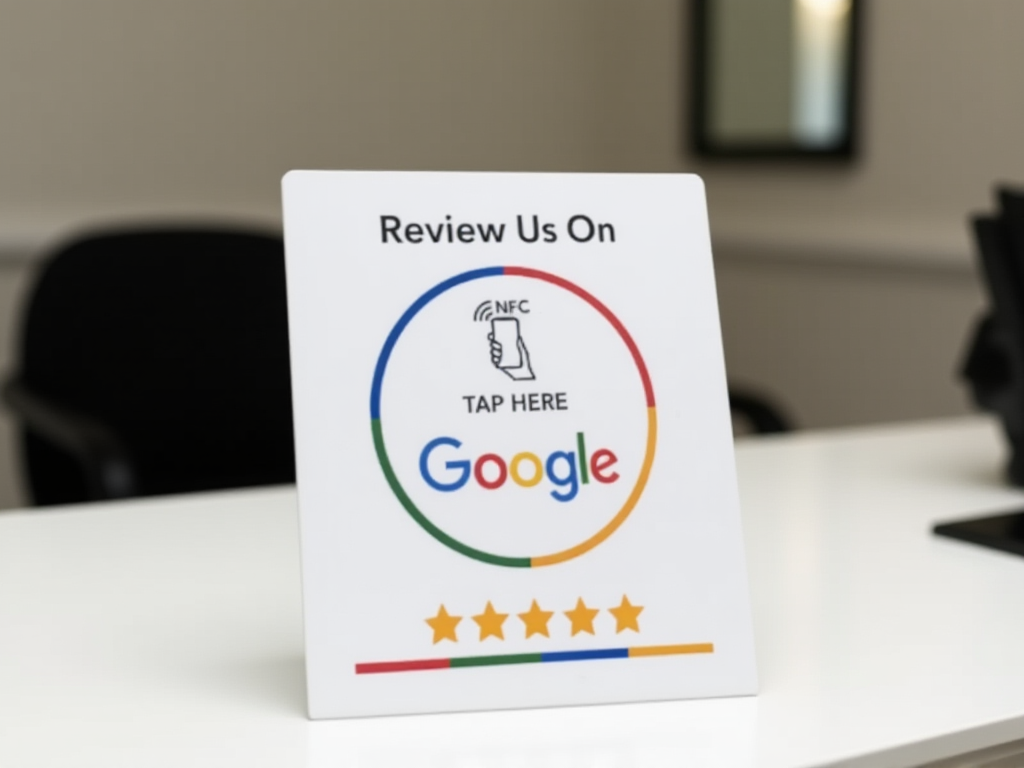 NFC Google review card stand on hair salon checkout counter beside appointment book