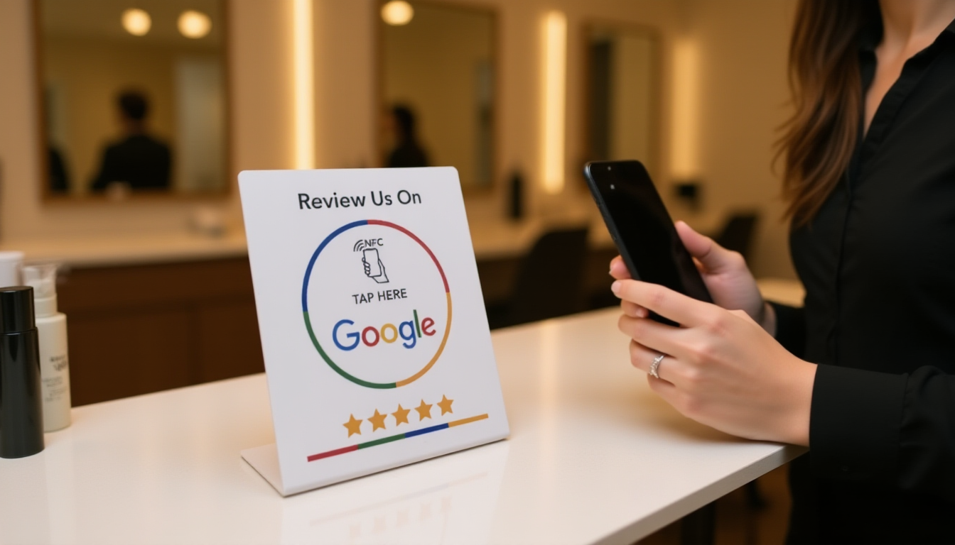 Client tapping phone above NFC review card at hair salon reception desk to leave Google review