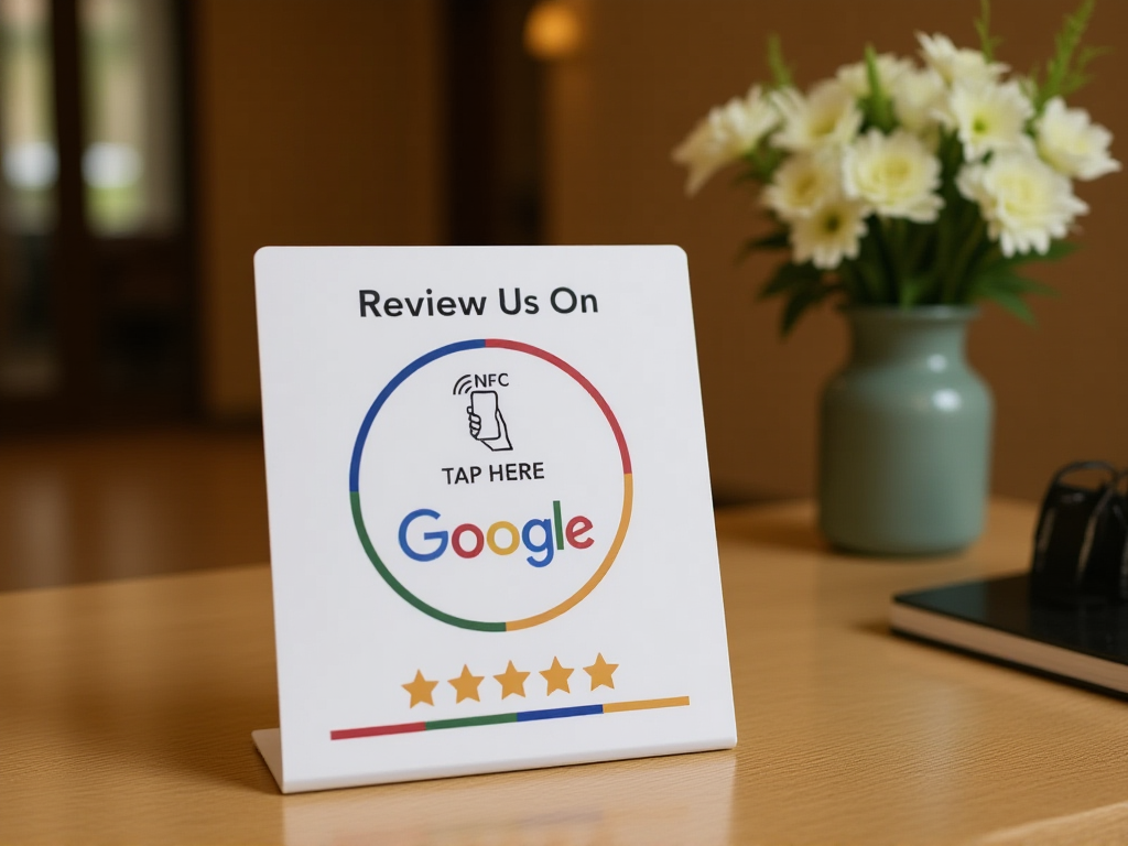 NFC Google review card displayed on hotel front desk next to guest amenities