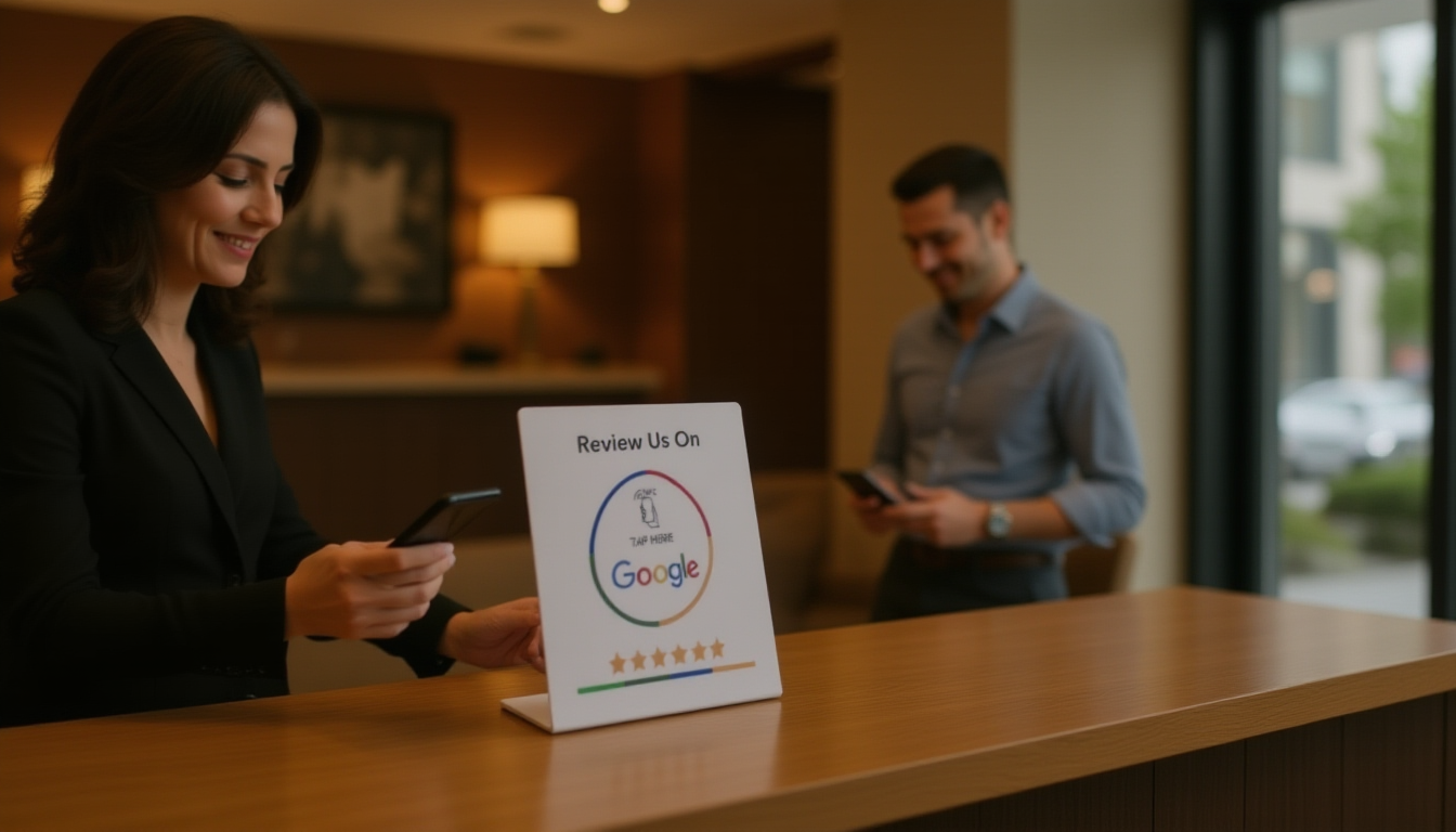 Guest tapping phone above NFC review card on hotel reception desk to leave Google review