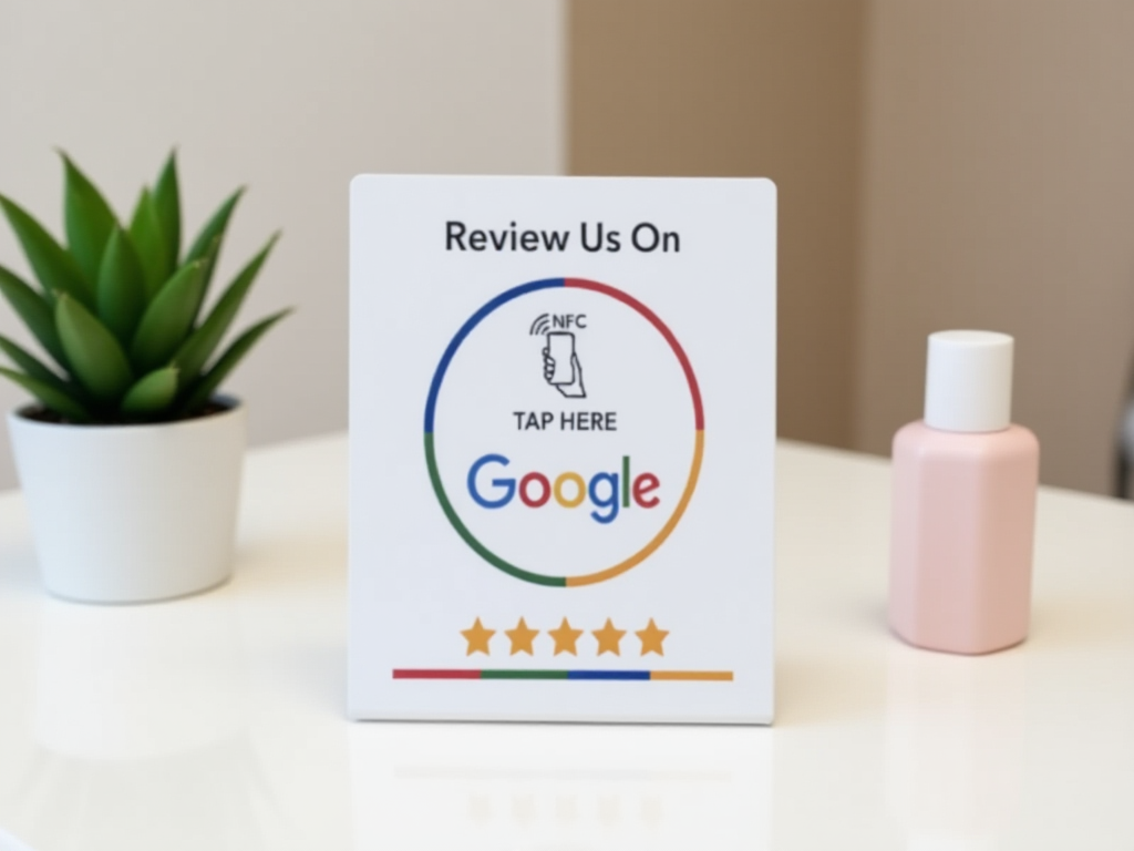 NFC Google review card stand displayed on nail salon checkout counter for easy client reviews