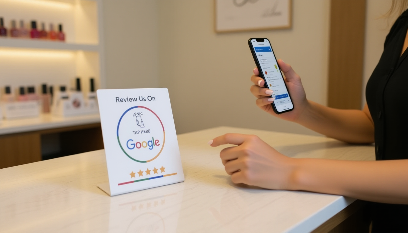 Customer tapping phone above NFC review card at nail salon reception desk to leave Google review