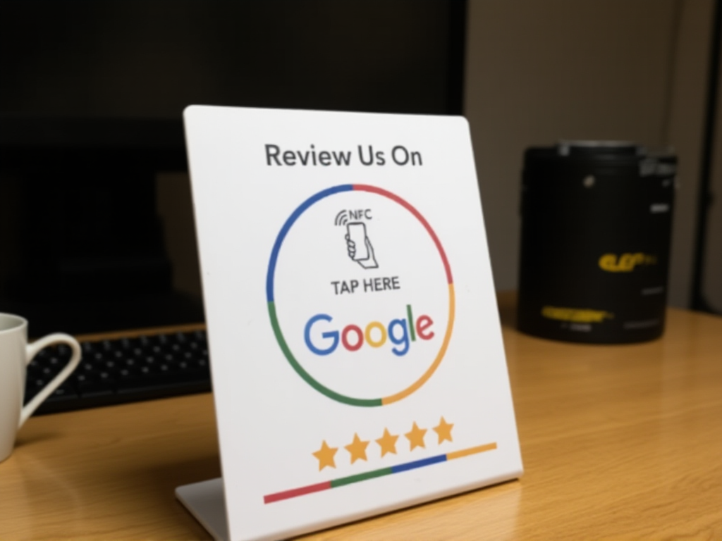 NFC Google review card stand on photographer's studio desk with camera equipment in background