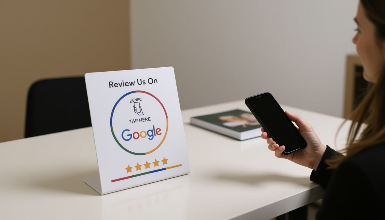 Client tapping phone above NFC review card on photography studio desk to leave Google review