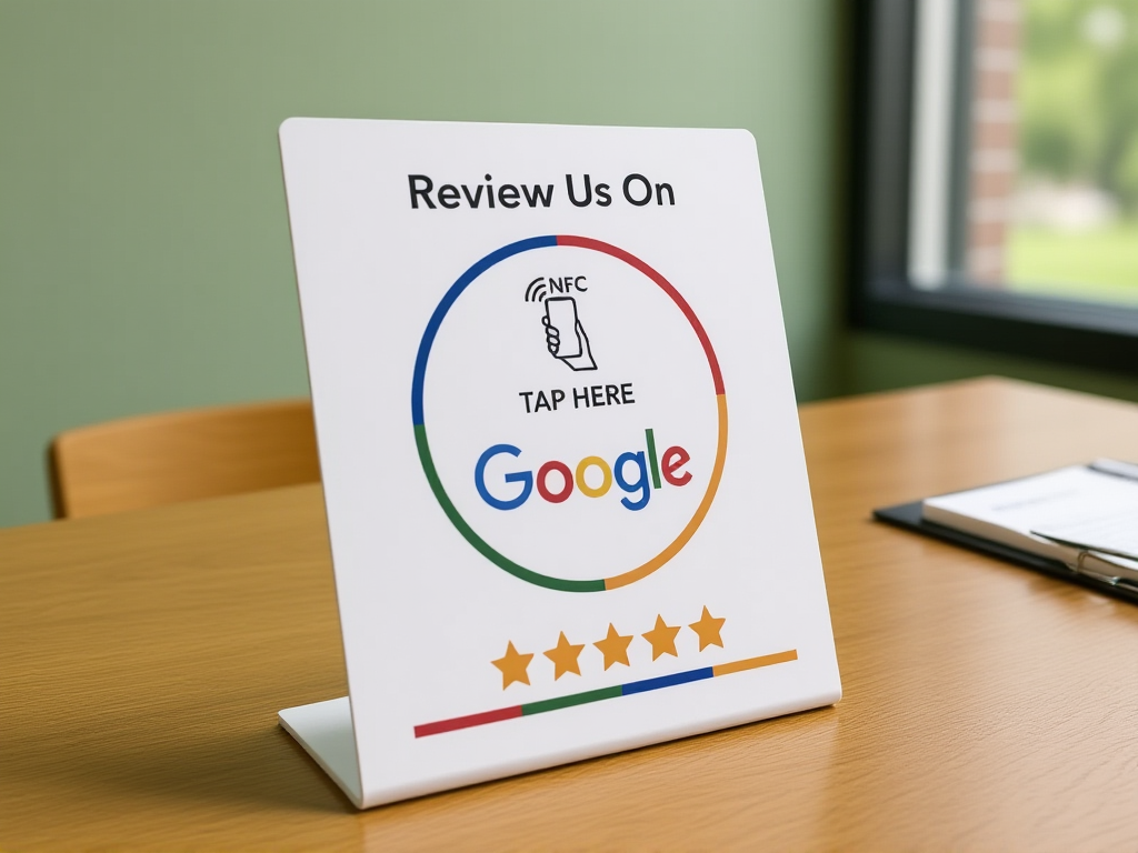 NFC Google review card displayed on physiotherapy clinic checkout desk for easy patient access