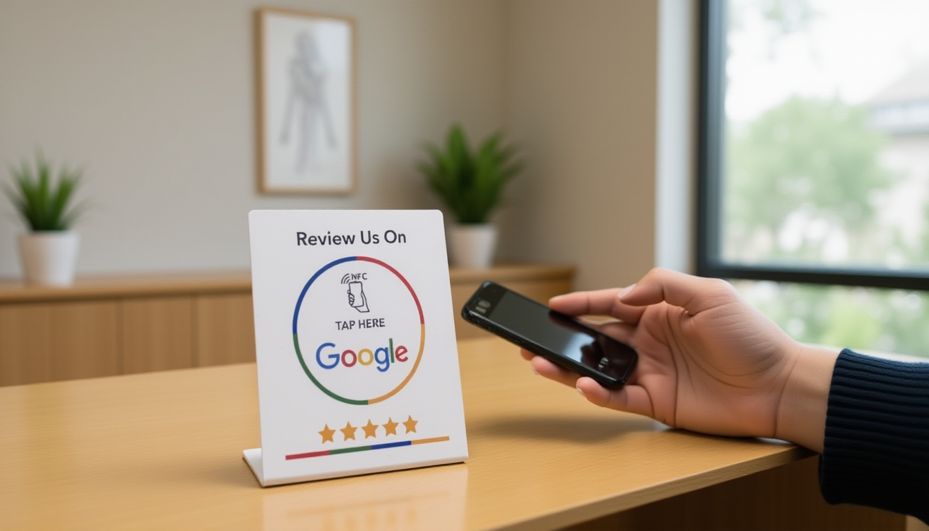 Patient tapping smartphone above NFC review card on physiotherapy clinic reception desk