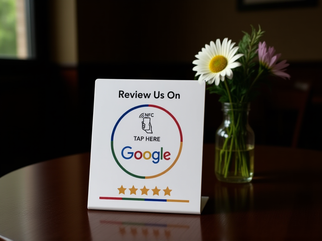 NFC Google review card displayed on restaurant table for easy customer feedback access