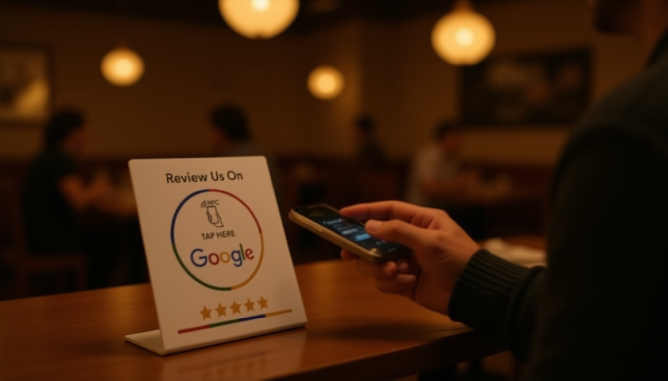 Customer tapping phone above NFC review card on restaurant host stand to leave Google review