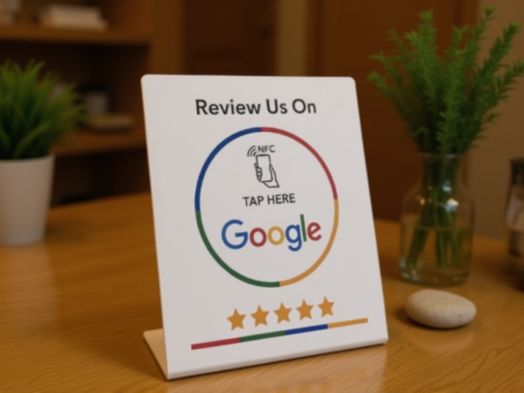 Google review card displayed at spa checkout counter for easy client feedback collection