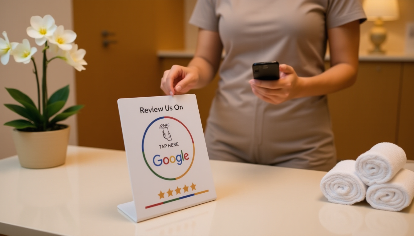 NFC review card on spa reception desk with client tapping phone to leave Google review