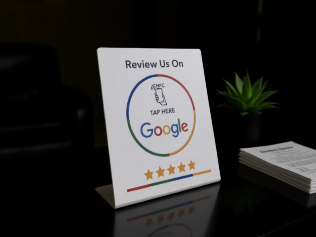 NFC Google review card displayed on tattoo studio counter with aftercare materials