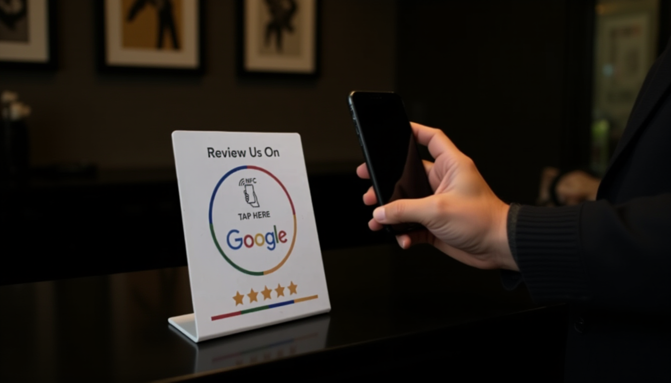 Customer tapping phone above NFC review card at tattoo studio reception desk