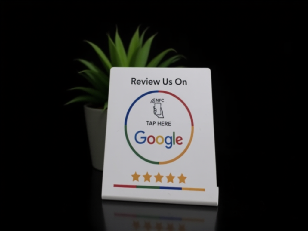 NFC Google review card displayed on tattoo studio counter for easy customer feedback collection
