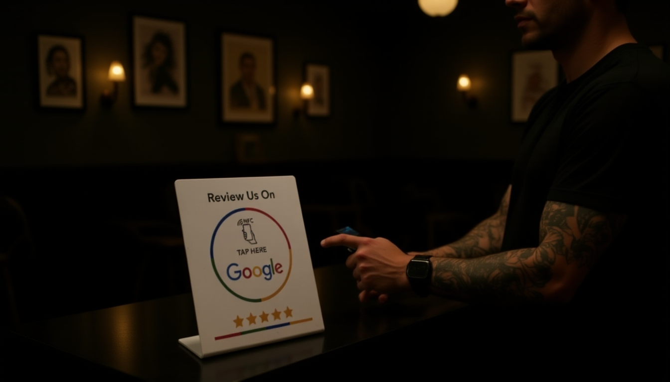 Customer tapping phone above NFC review card on tattoo studio reception counter to leave Google review