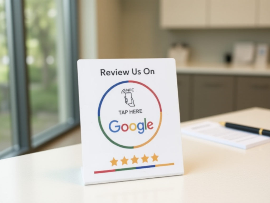 NFC Google review card displayed on veterinary clinic counter for easy customer access
