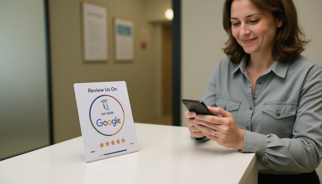 Customer tapping phone above NFC review card at veterinary clinic reception desk to leave Google review