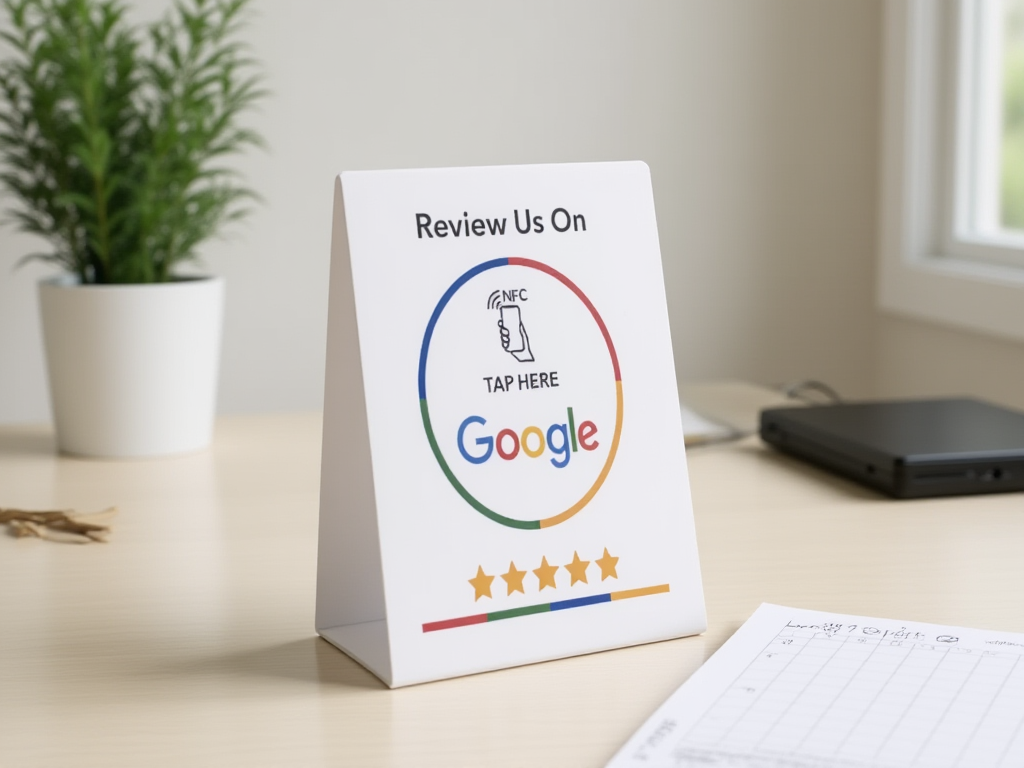 NFC Google review card displayed on wedding planner desk with planning materials in background