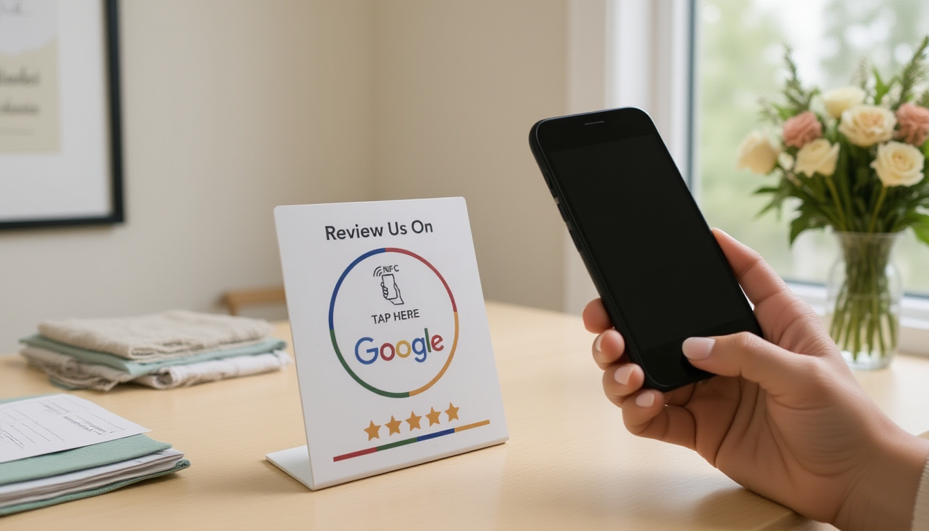 Bride tapping phone above NFC review card on wedding planner's desk with planning materials