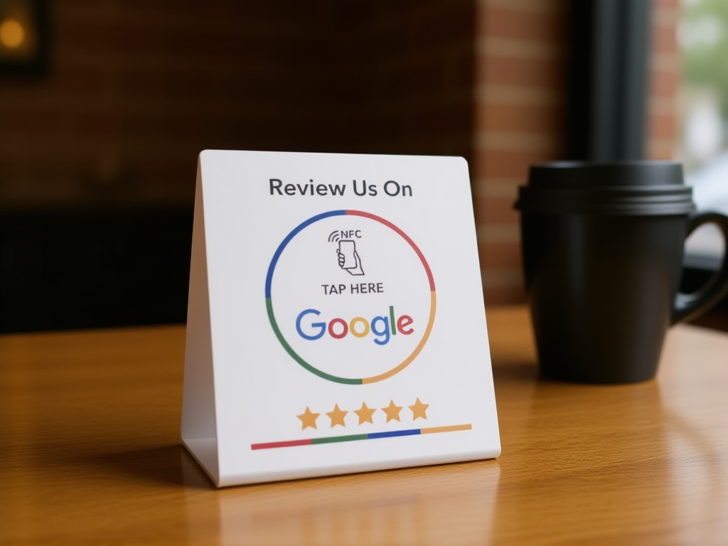 NFC Google review card displayed on local coffee shop counter next to customer's coffee cup