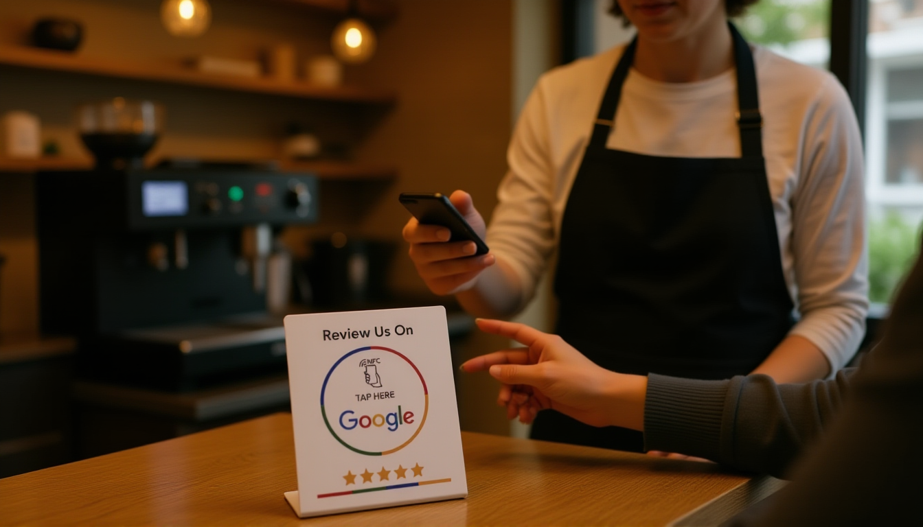 Customer tapping phone above NFC review card on coffee shop counter to leave Google review