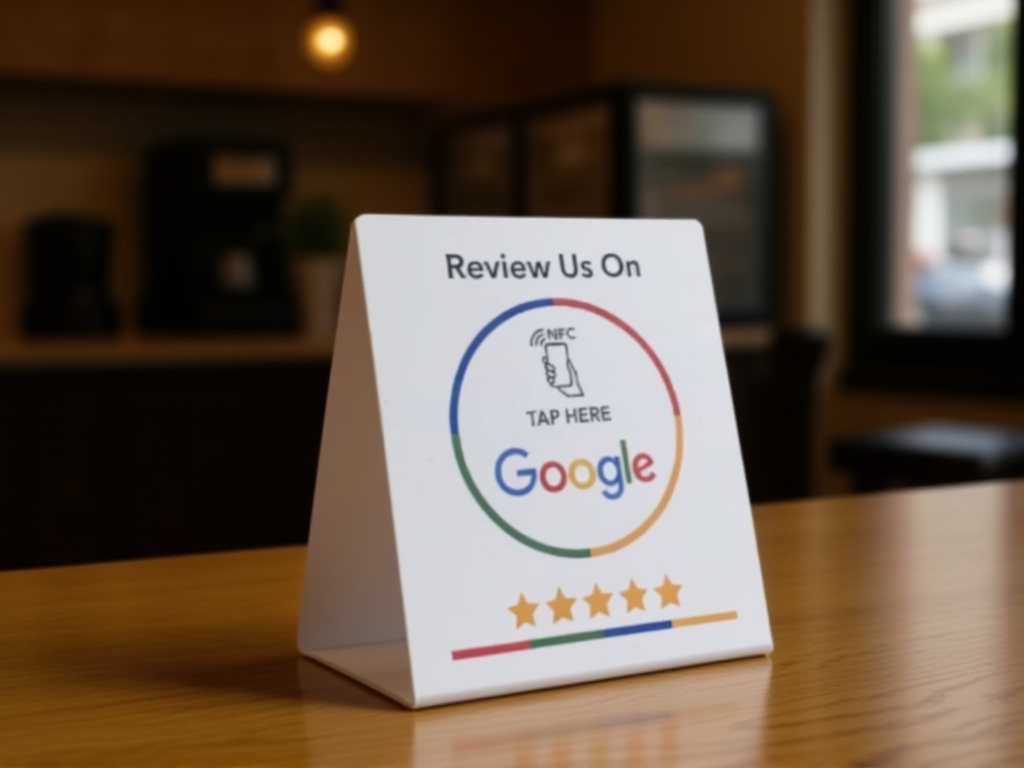 Google review NFC card displayed on cafe counter encouraging customer feedback