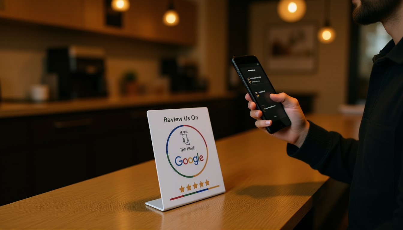 Customer tapping phone above NFC review card on coffee shop counter to leave Google review