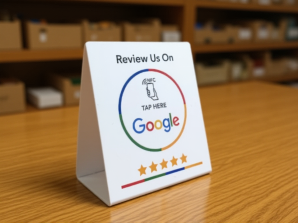 NFC review card on retail counter showing Google review tap interface design